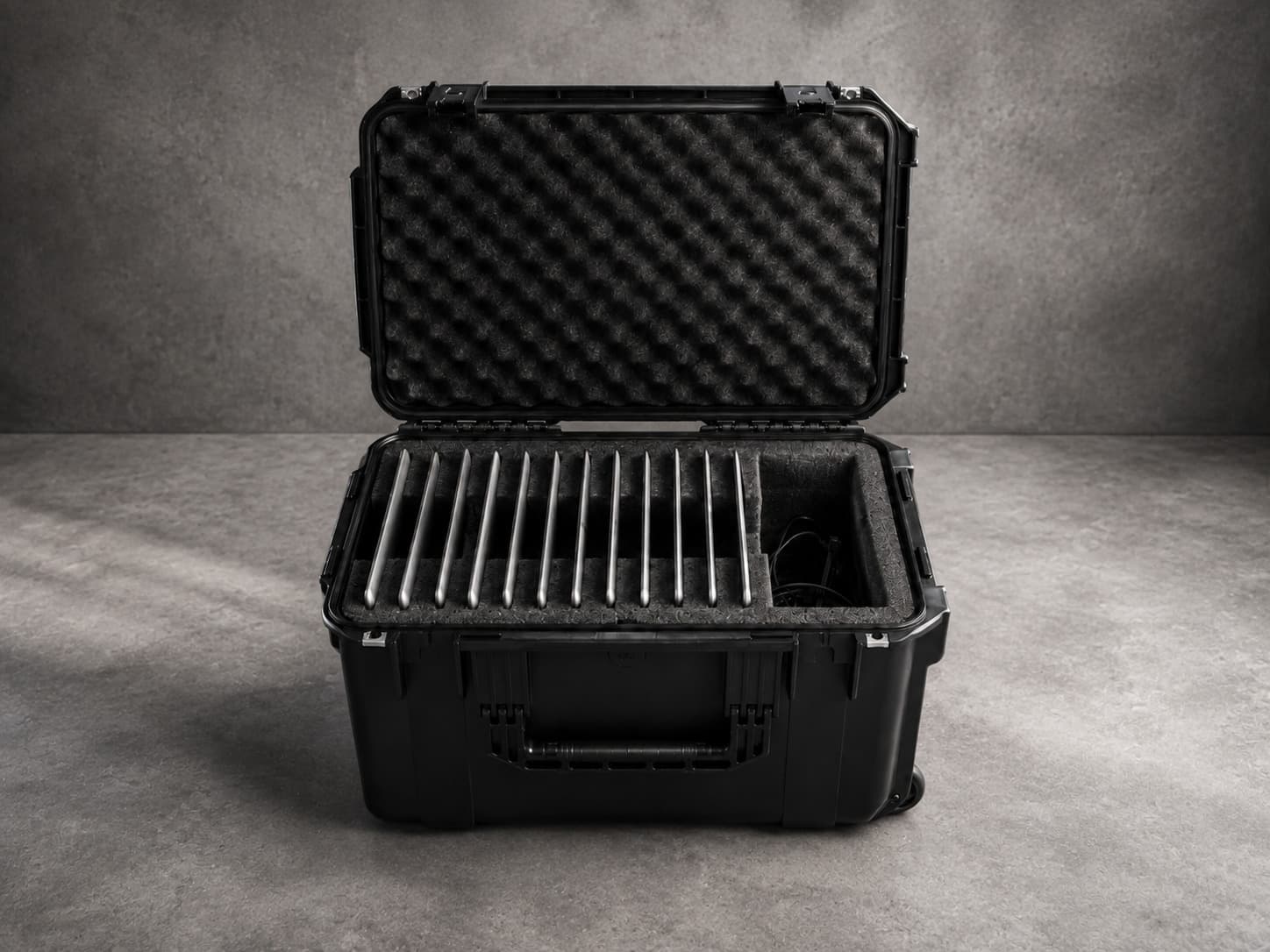 A wheeled protective case with a slotted foam insert holding a row of laptops